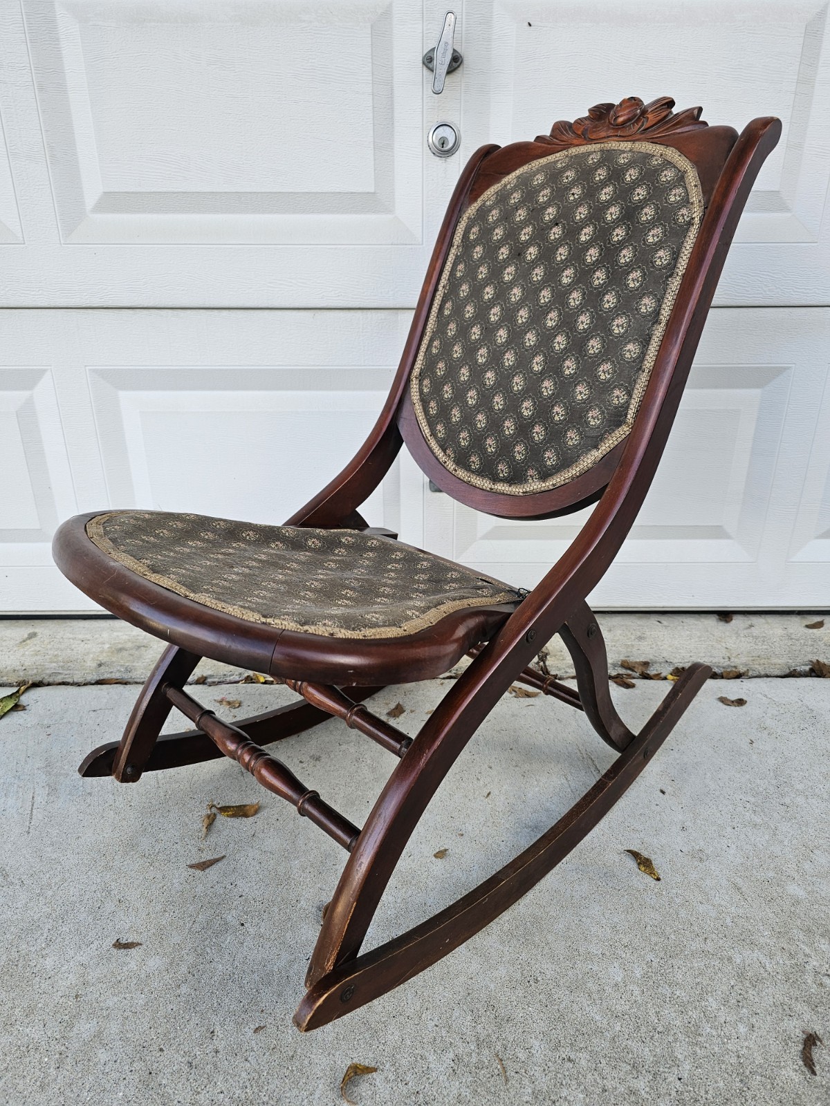 Antique Victorian Mahogany Folding Rocking Chair Original Floral Tapestry! Rare!