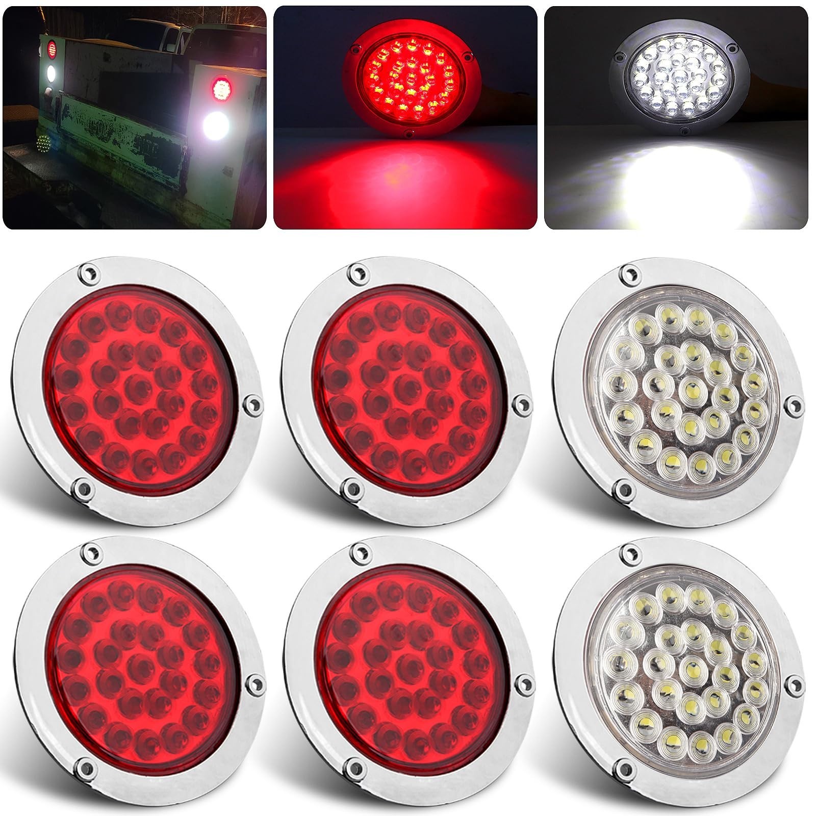 6Pcs 4 Inch Round Led Trailer Tail Lights Kit, 4 Red + 2 White 4″ Round Led S…