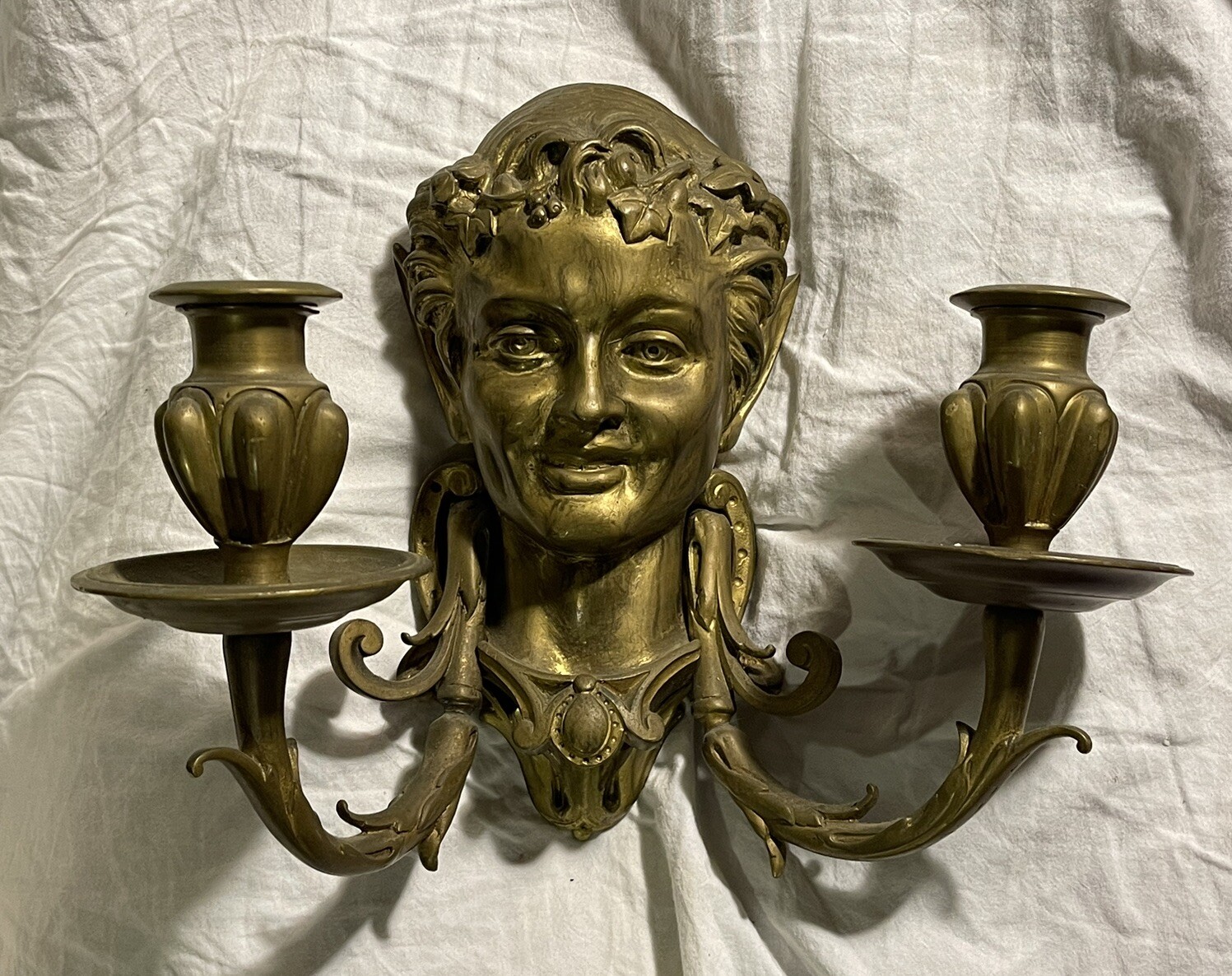 Antique Victorian Gilt Bronze Fairy Head Pointed Ear Form Wall Candle Sconce