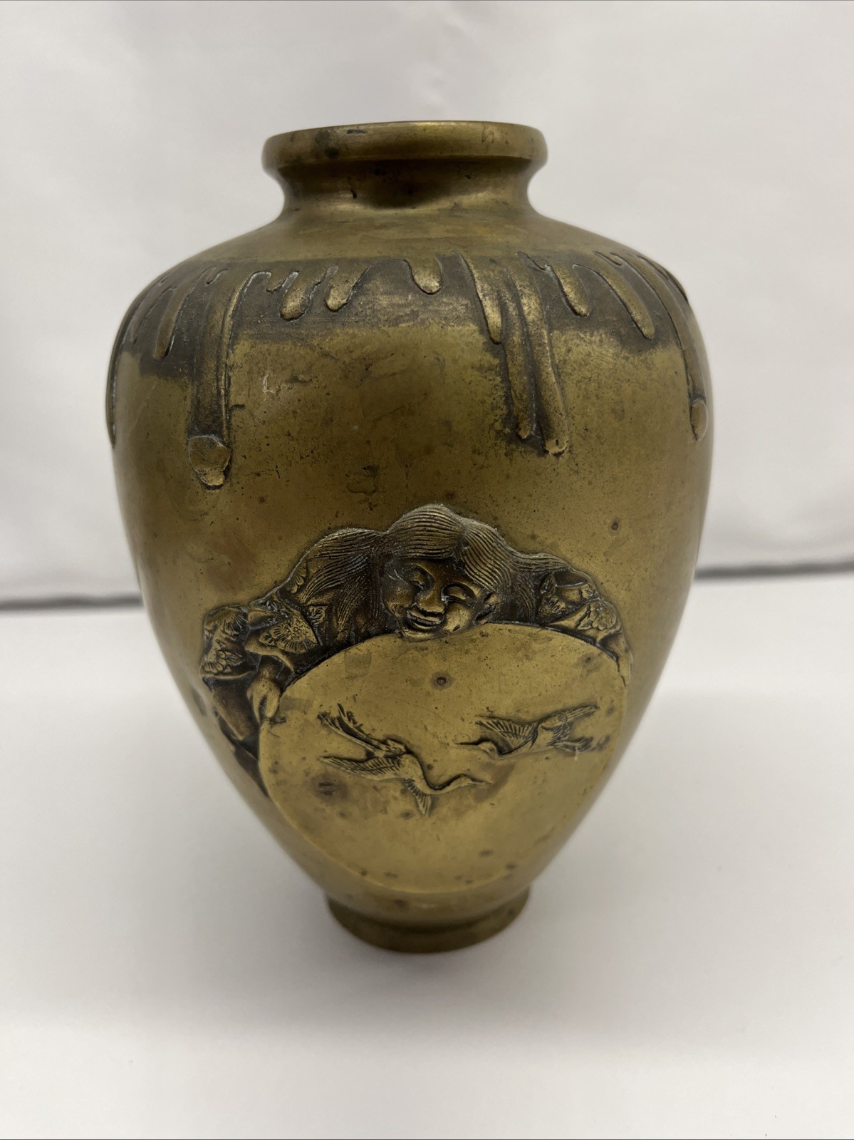 Antique Japanese Bronze Vase Water Spirit Relief & Drip Glaze Shoulder