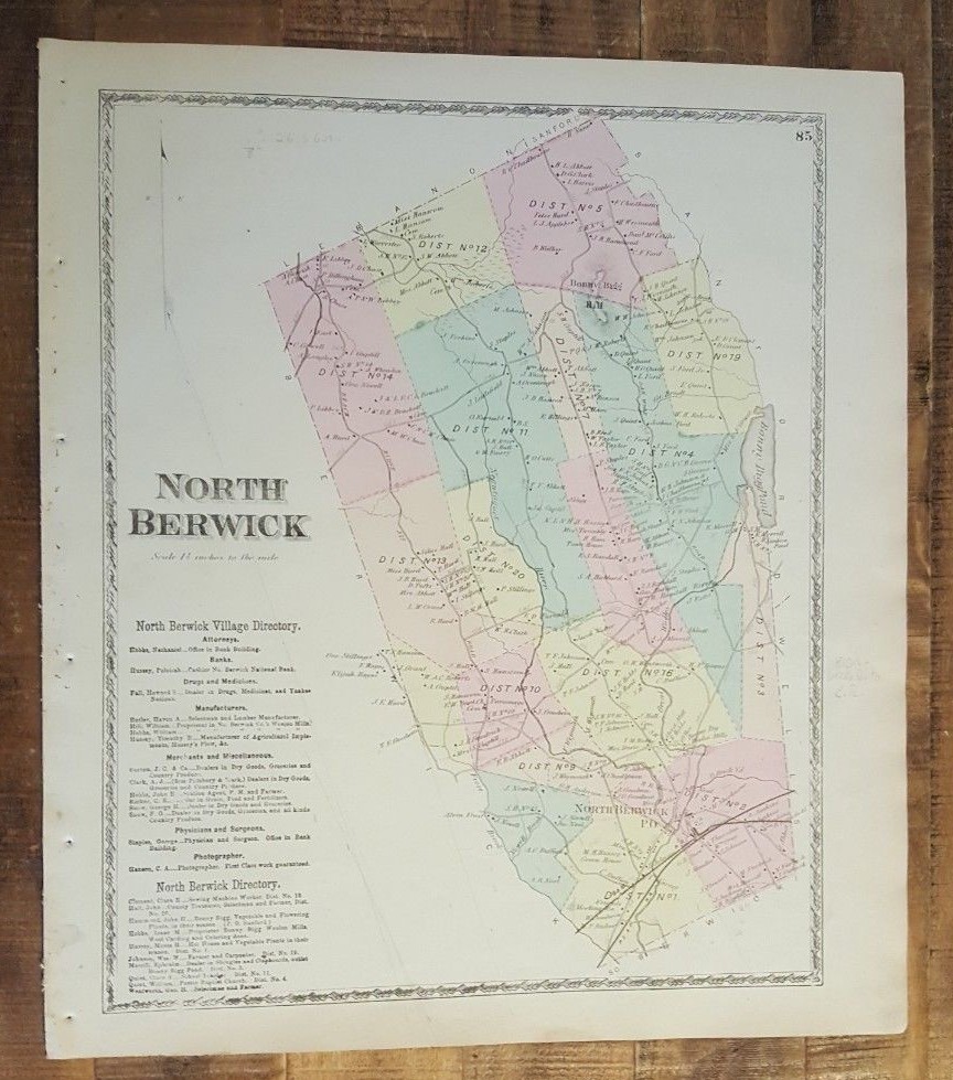 Antique Colored MAP – NORTH BERWICK, MAINE – / Atlas York County, ME – 1872