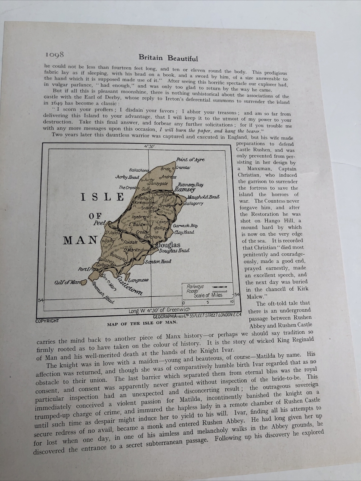 1923: Map Of Isle Of Man County Print Vintage Antique Castle Rushen Castletown