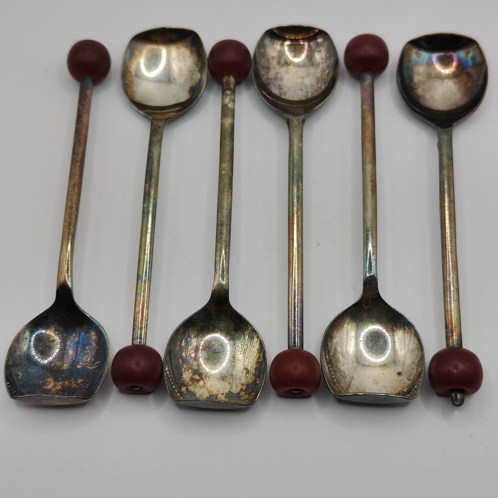 6 Sheffield England EPNS Cocktail Muddler Spoons with Bakelite “Cherry” Handles