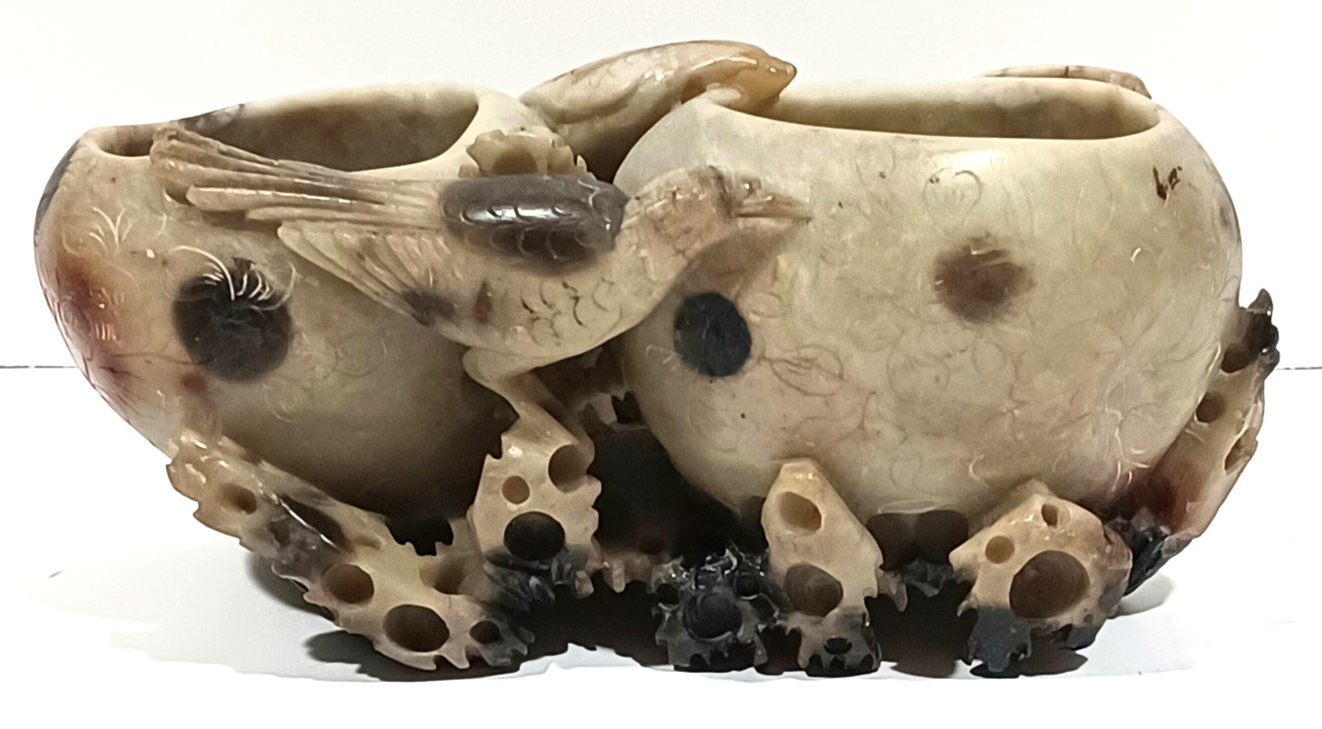 Vintage Chinese Hand Carved Soapstone Calligraphy Double Brush Pot Bird Motif