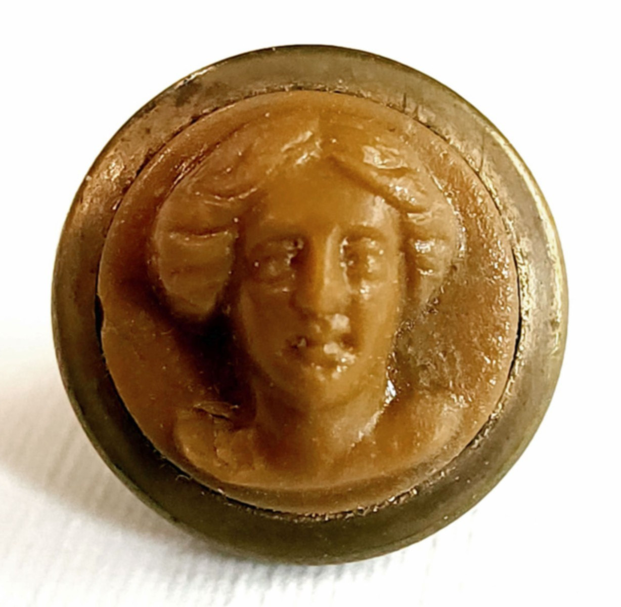 Small Antique Caramel Tan Glass Jenny Lind Waistcoat Button ~ just over 3/8″
