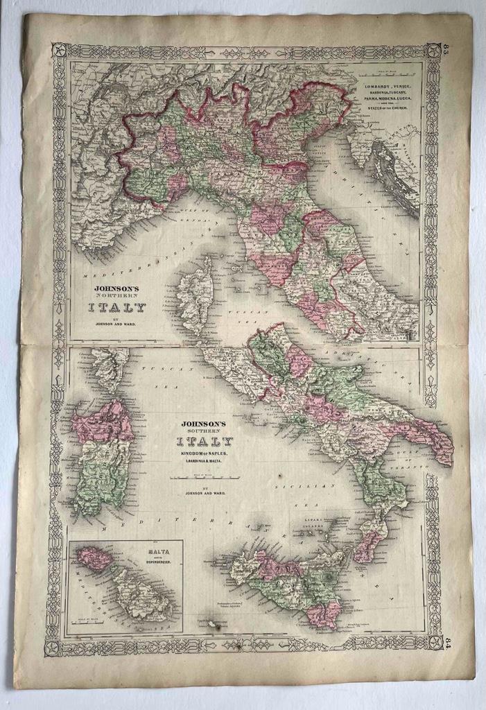 Antique Map 1864 Italy Kingdom of Naples~I.Sardinia & Malta~Johnsons Atlas