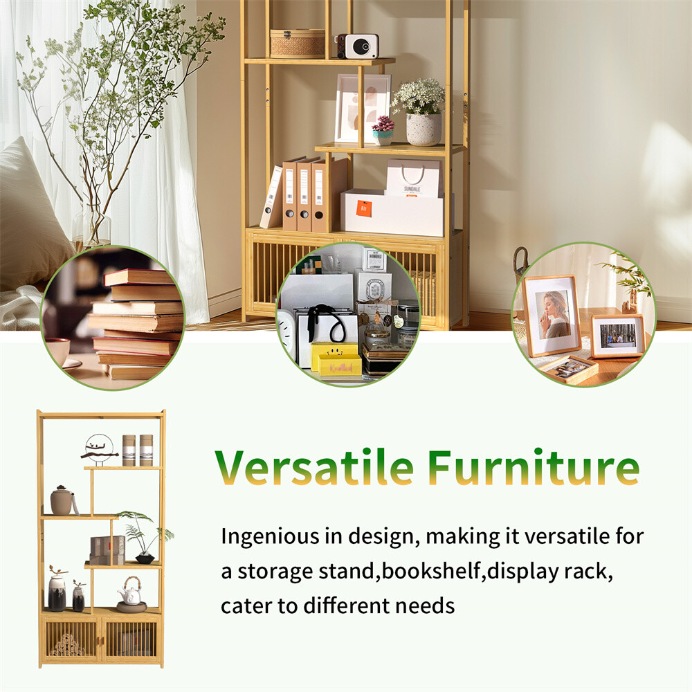 6-Tier Bookshelf w/ Cabinet Bamboo Tall Chinese Vintage Display Etagere Shelves