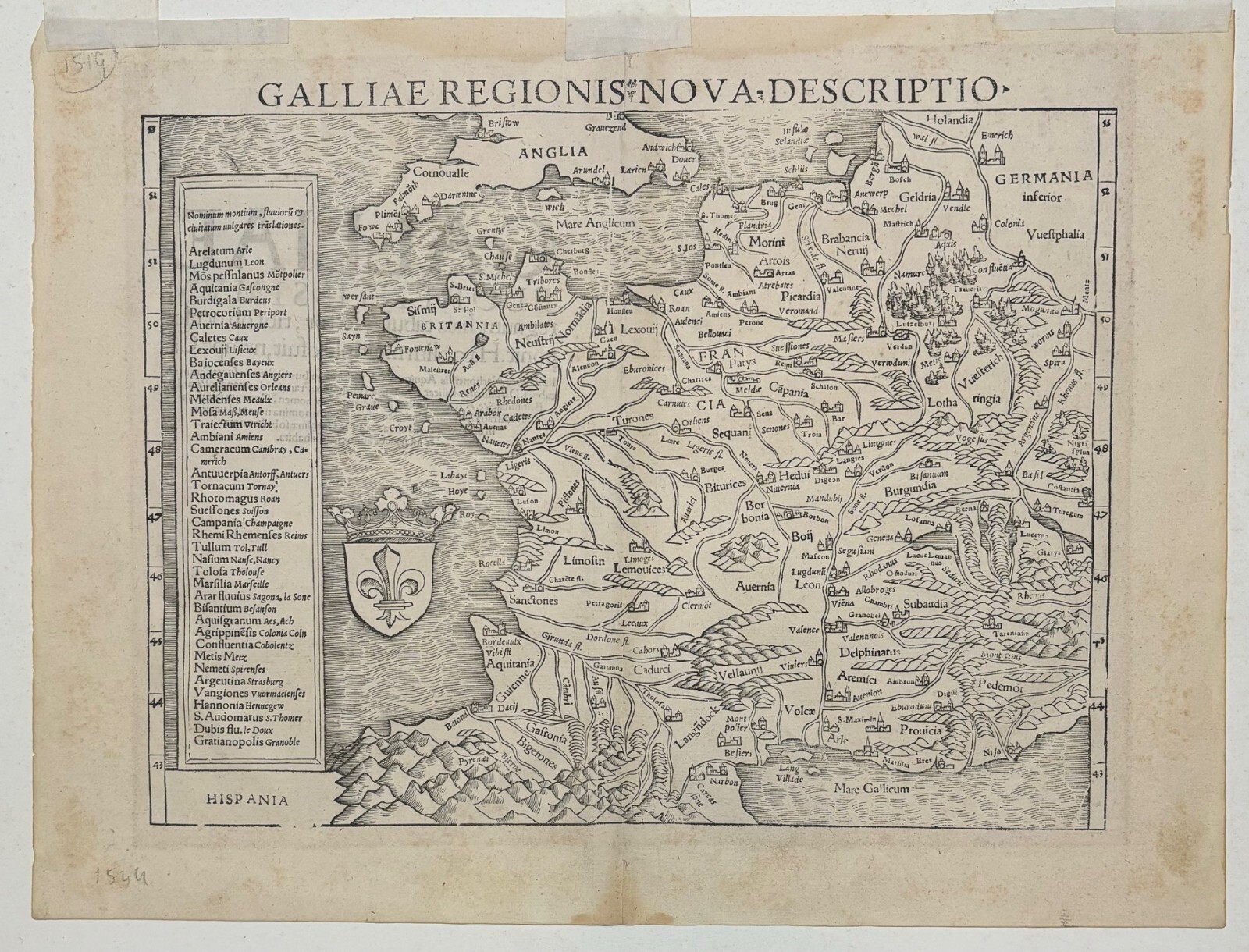 Antique c1550 Sebastian Munster MAP Galliae FRANCE from COSMOGRAPHIA UNIVERSALIS