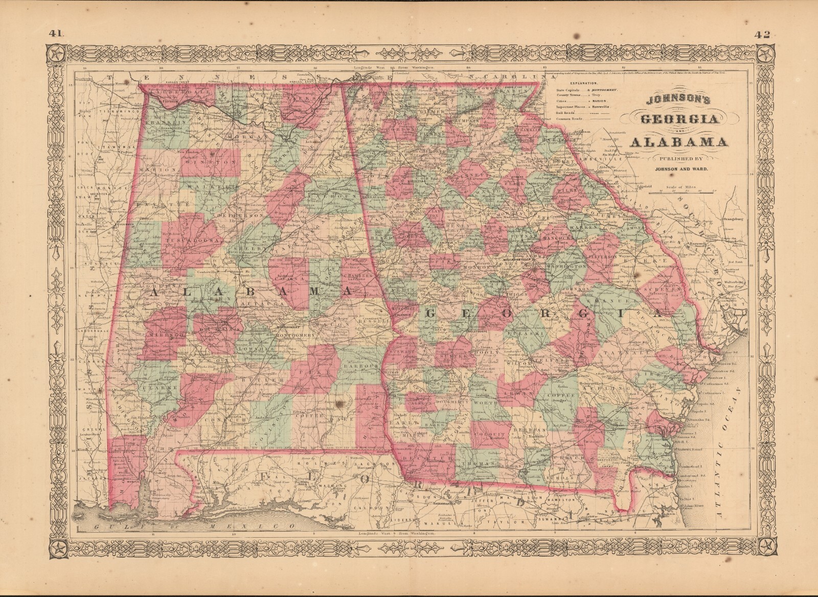 1865 Georgia & Alabama by Johnson Ward – beautiful antique map 26.6″ x 18″