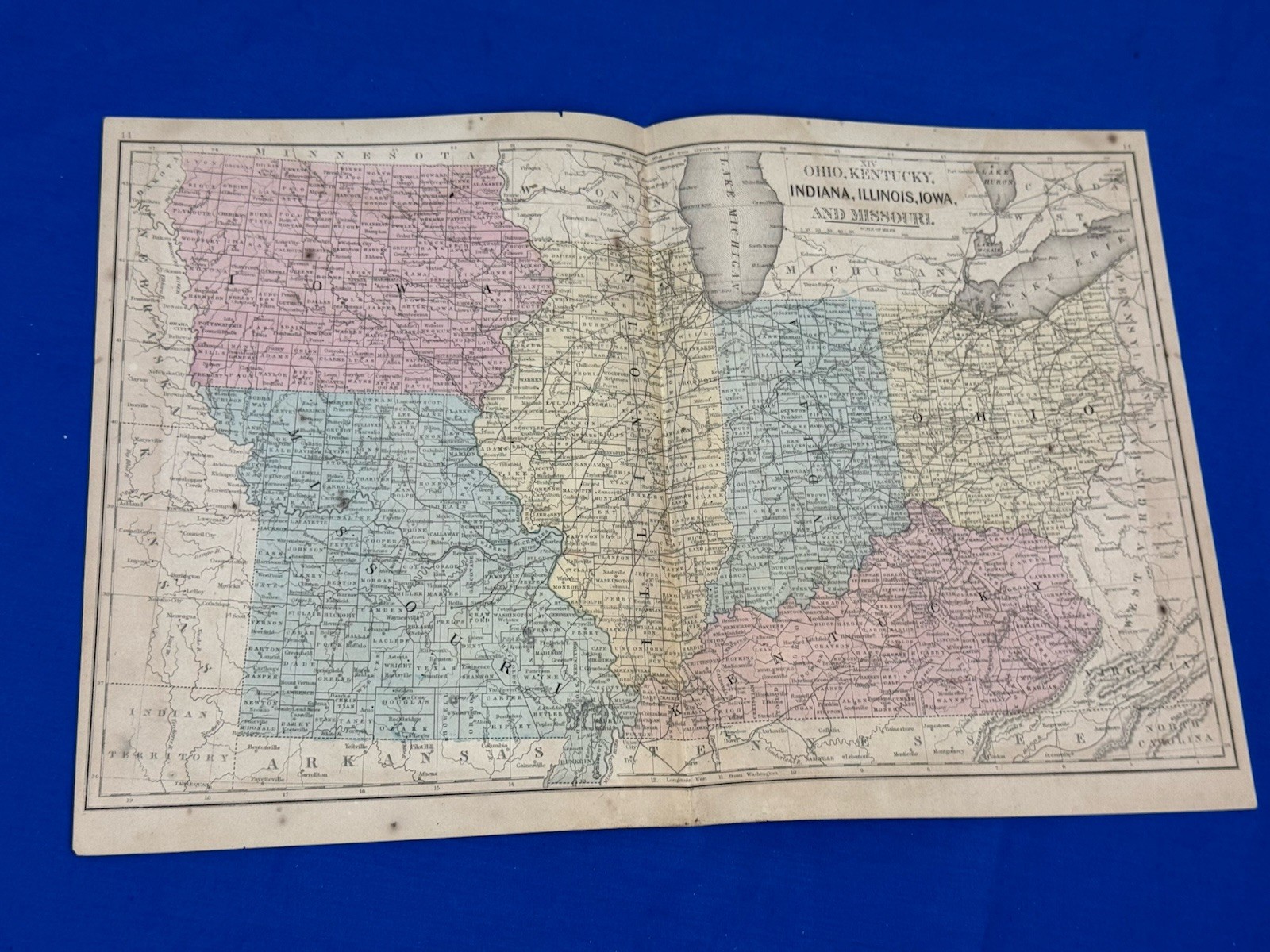 1867 Hand Color Mitchell Map OH, KY, IA, IN, IL, MO Reverse Michigan, Wisconsin