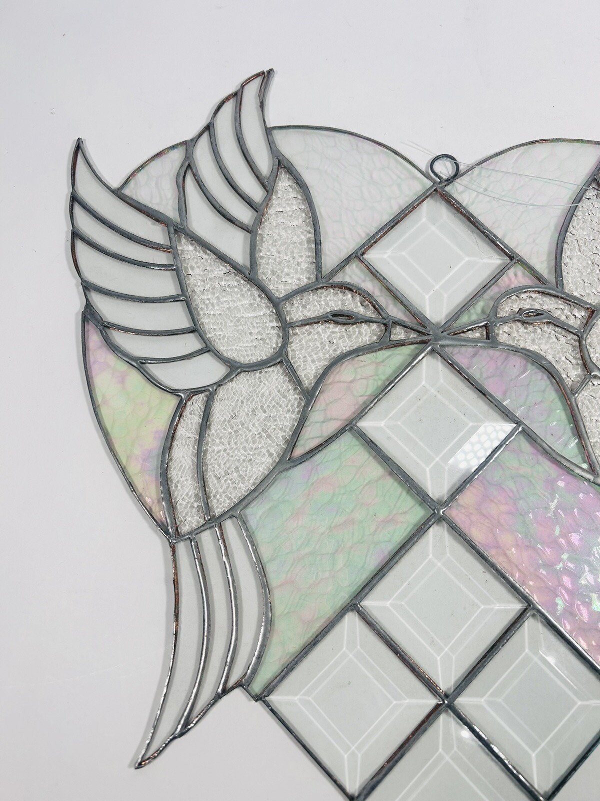 Stained Glass heart Clear, Pink And Green Hummingbirds Read Description