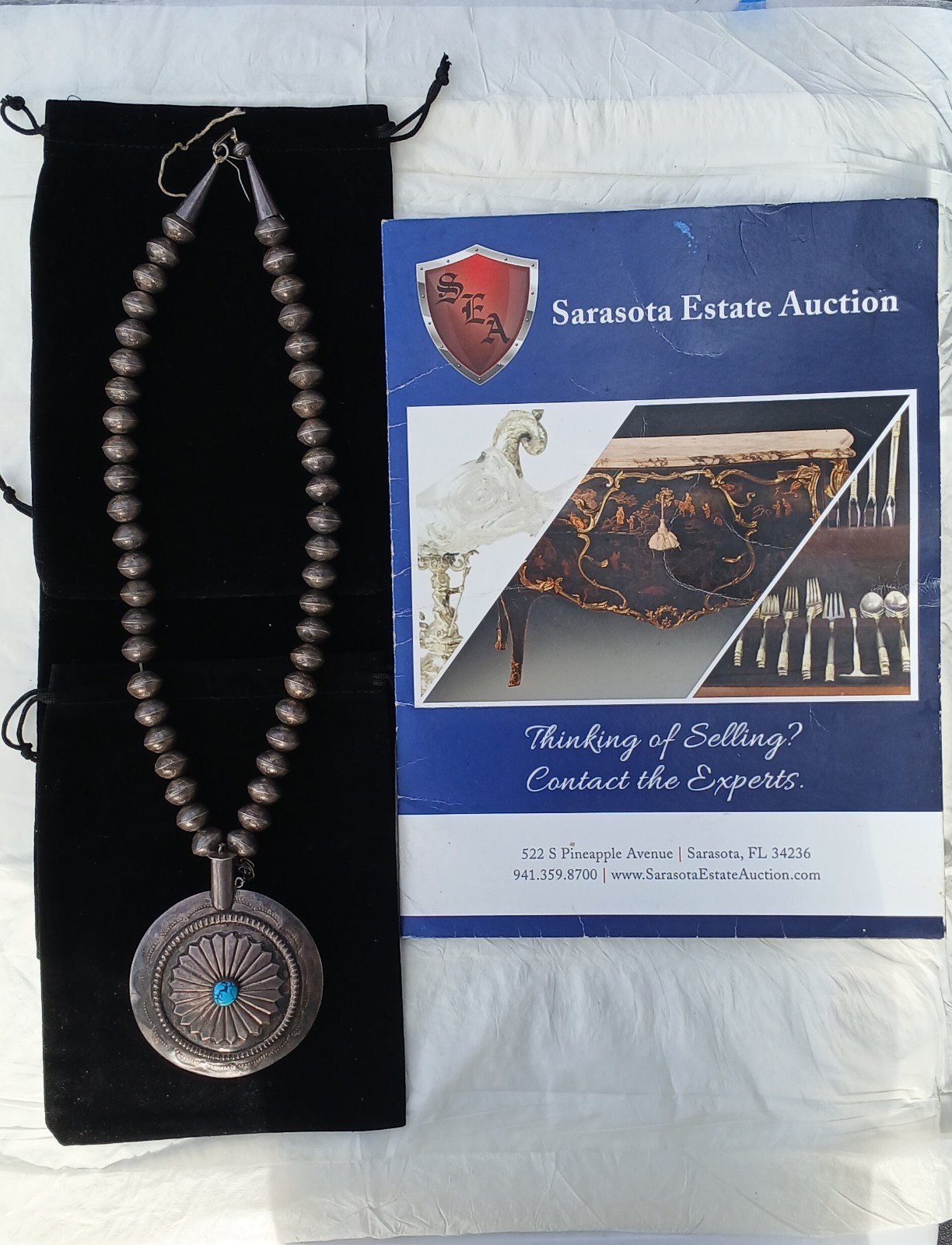 1970 Navajo Sterling Bead Necklace w/Tobacco Canteen & Kingman Turquoise Pendant