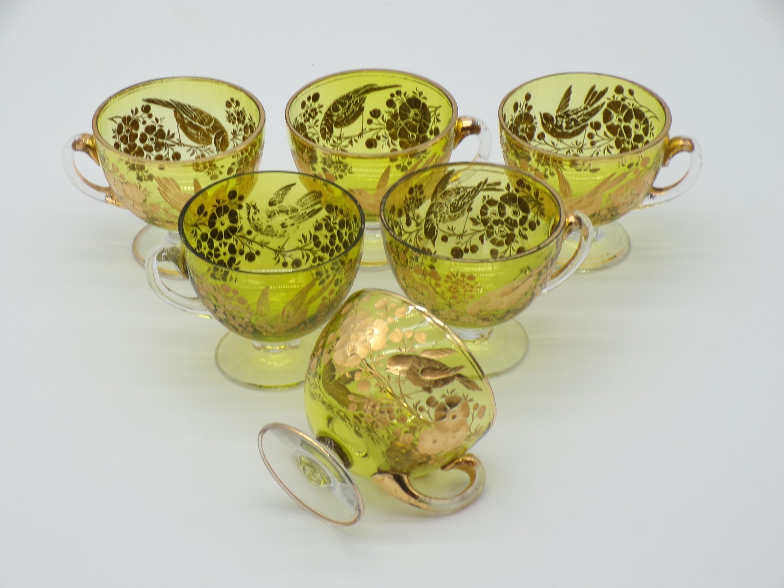 6 Bohemian Josephinenhutte Green Intaglio Gold Birds & Floral Art Glass Cup Set
