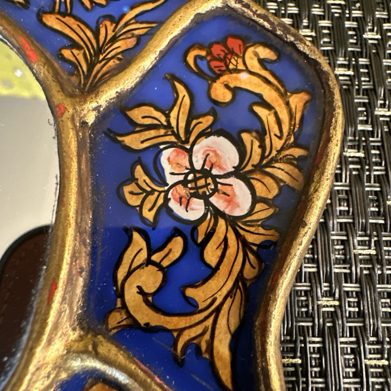 Peruvian Reverse Painted Wall Mirror Blue Gold Birds Floral Folk Art MCM 7”x5”
