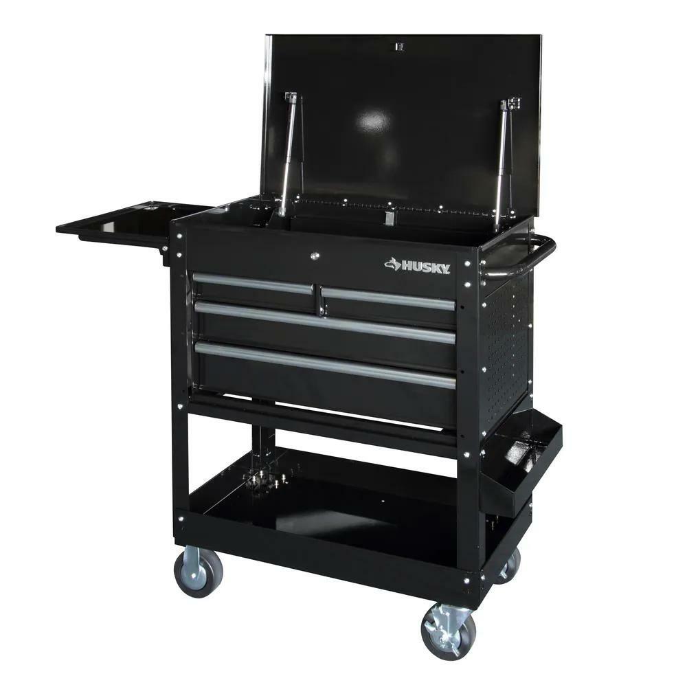 33 in 4-Drawer Mechanics Cart with Extended Side Table and Bottle Tray