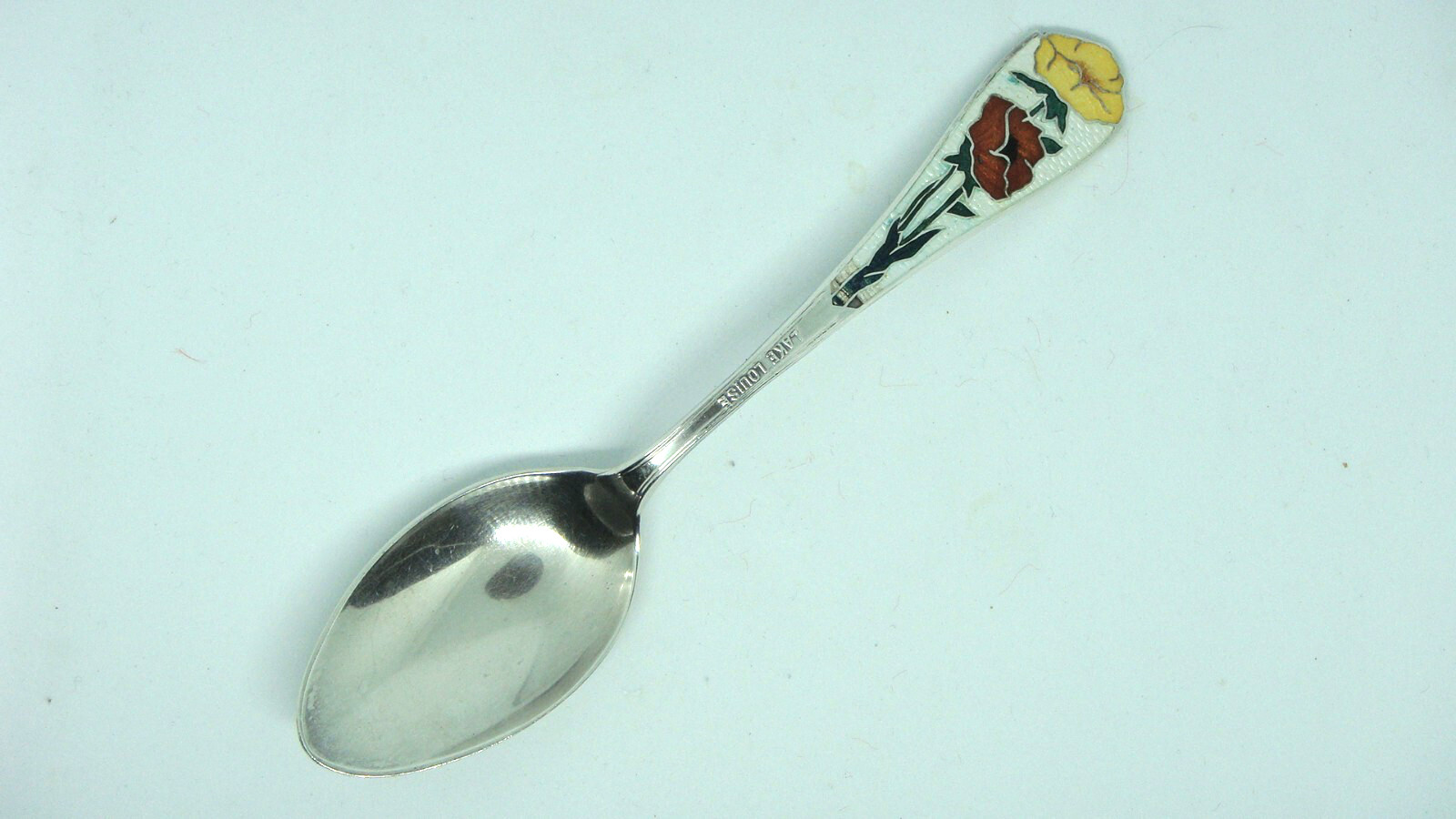 VINTAGE LAMOND FILS, MONTREAL STERLING ENAMEL FLOWERS LAKE LOUISE SOUVENIR SPOON
