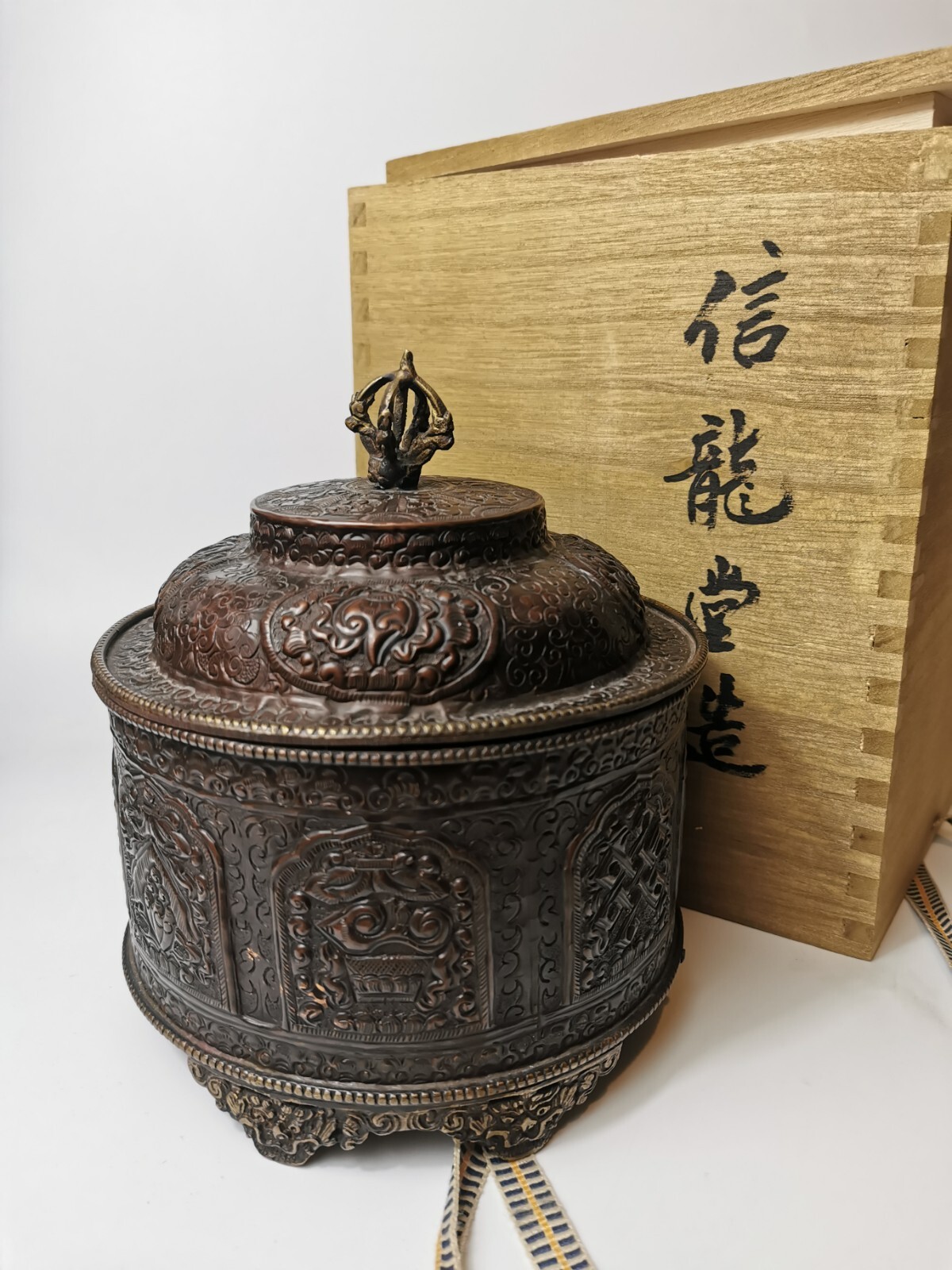 18/19th century antique Tibetan Buddhism bronze box carved auspicious pattern