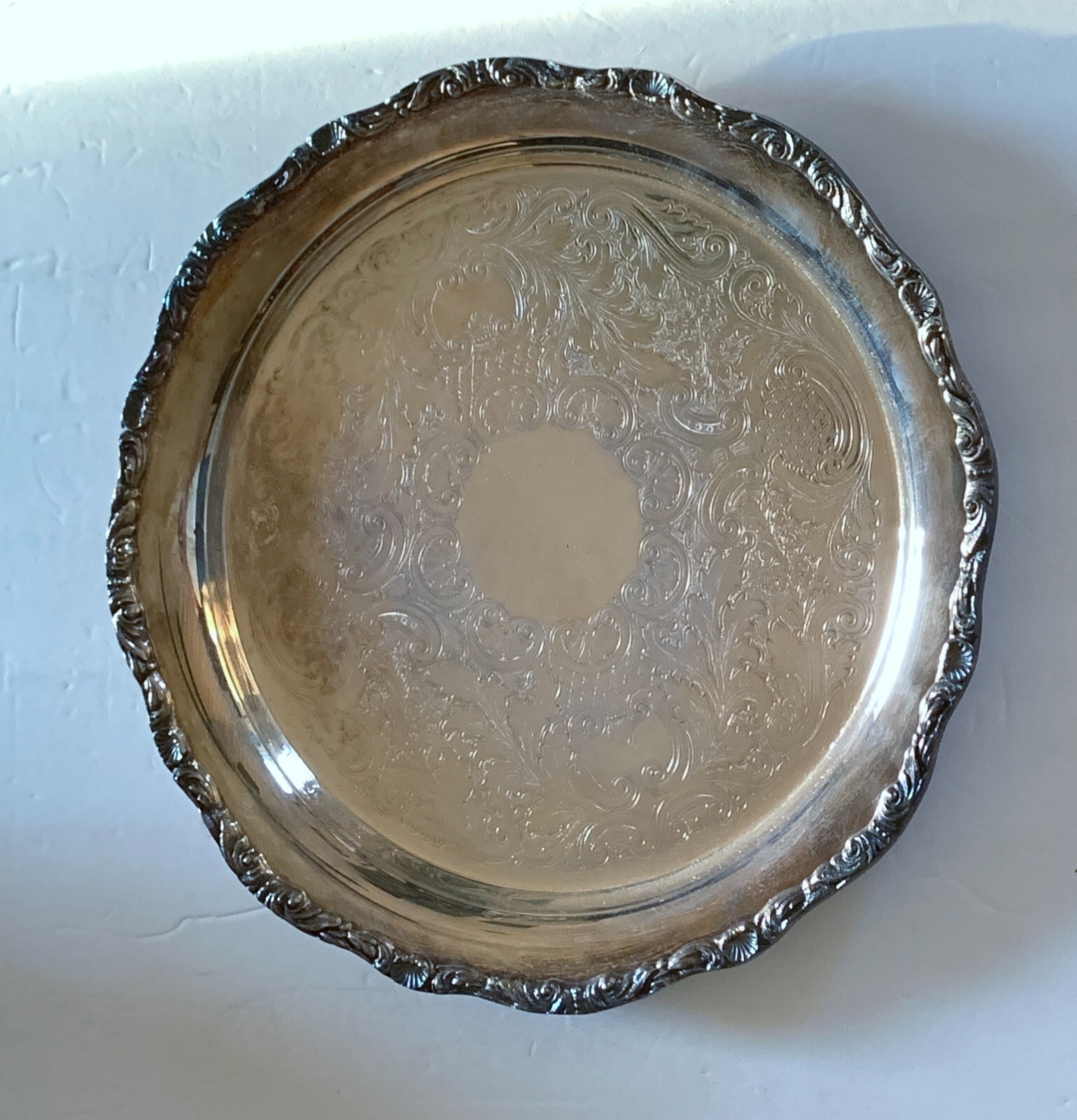12½” Crescent Silverplate Etched Center, Scalloped Raised Relief Edge Serve Tray