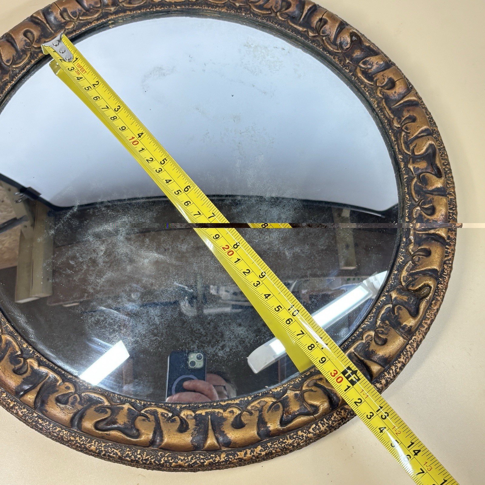 Concave Mirror Approx 14″ Round Bronze Gold Moulded Frame