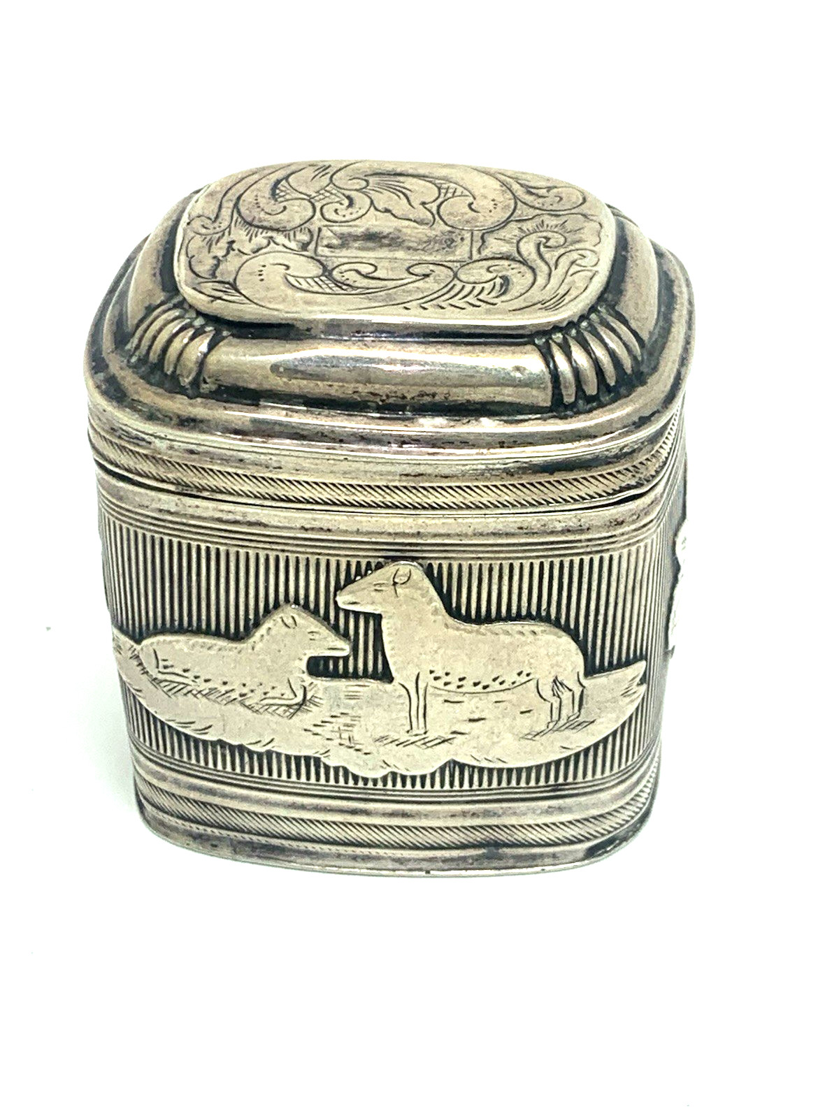 Dutch Box Antique Silver Pillbox Snuff Decorative Lion Hallmark Design 1.7”