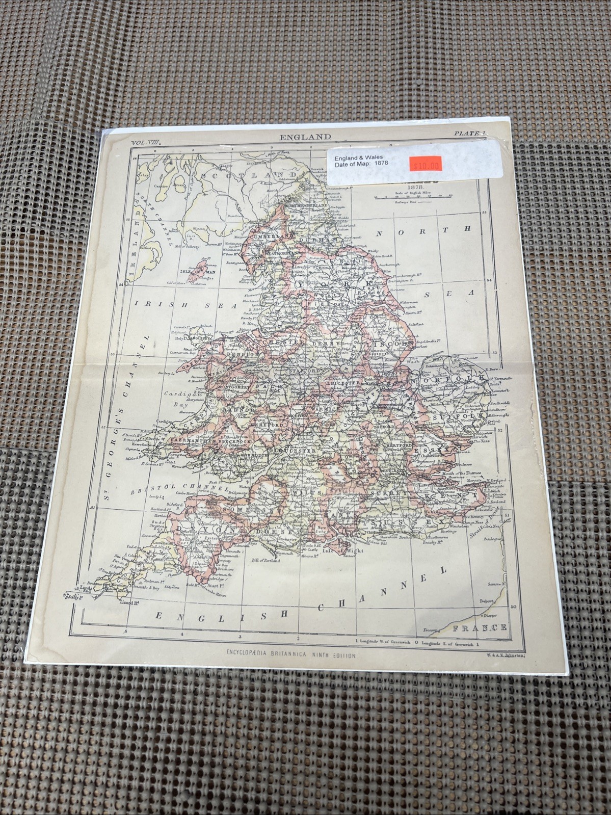 1878 England & Wales Paper Map 10”x12”