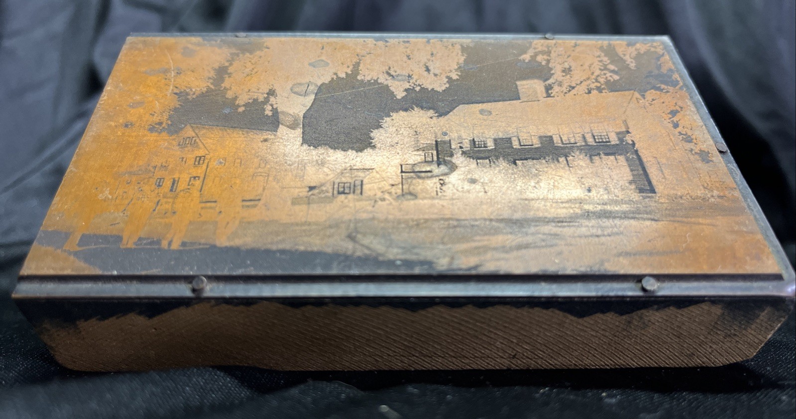 Antique Copper Printing Plate on Wood Block – 4 Men in front of Houses – 4″ x 5″