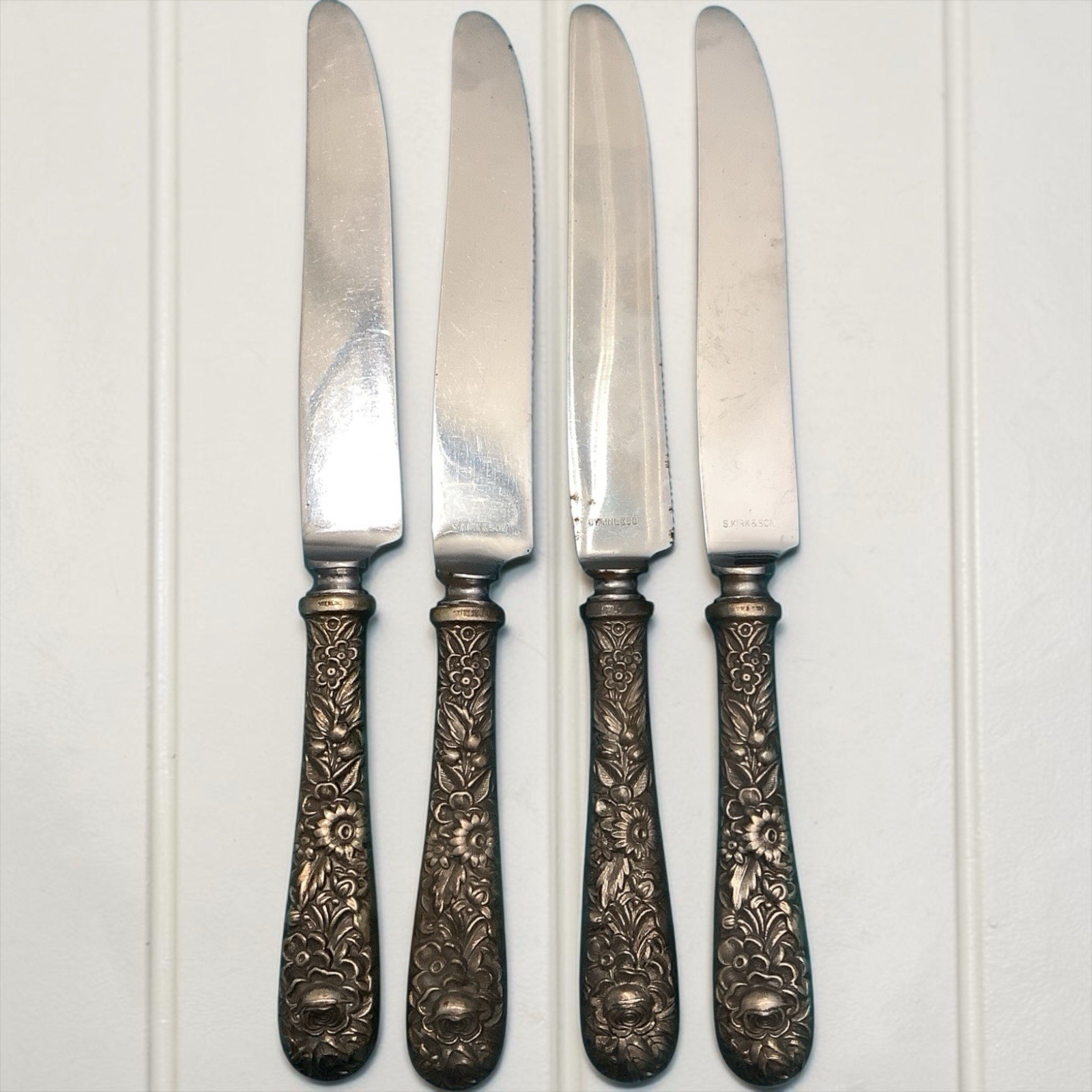 S Kirk & Son Resousse Sterling Hollow Handle Dinner Knife Set 4 No Mono