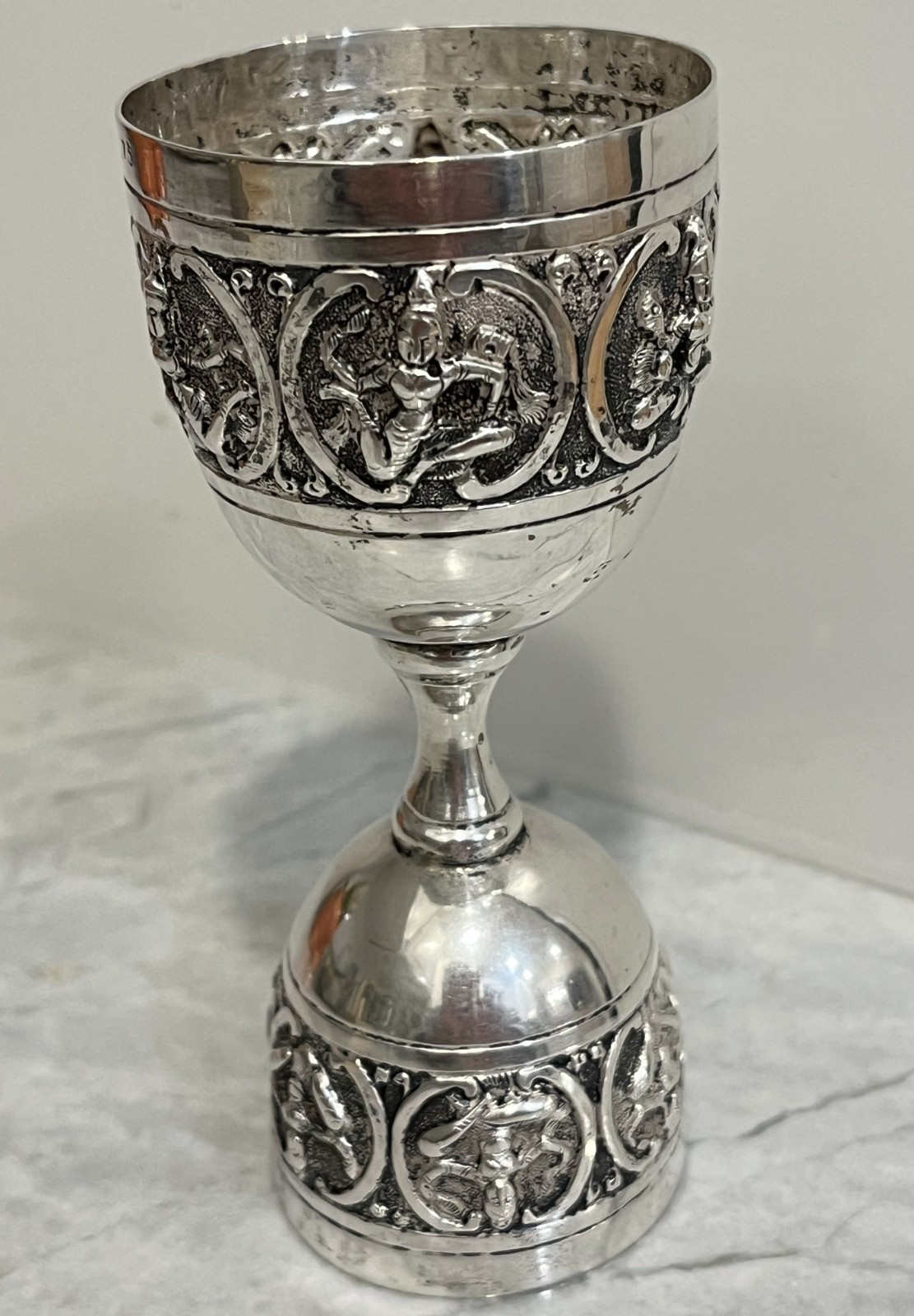 ANTIQUE INDIAN SWAMI SILVER DOUBLE CUP SPIRIT MEASURE JIGGER 19c