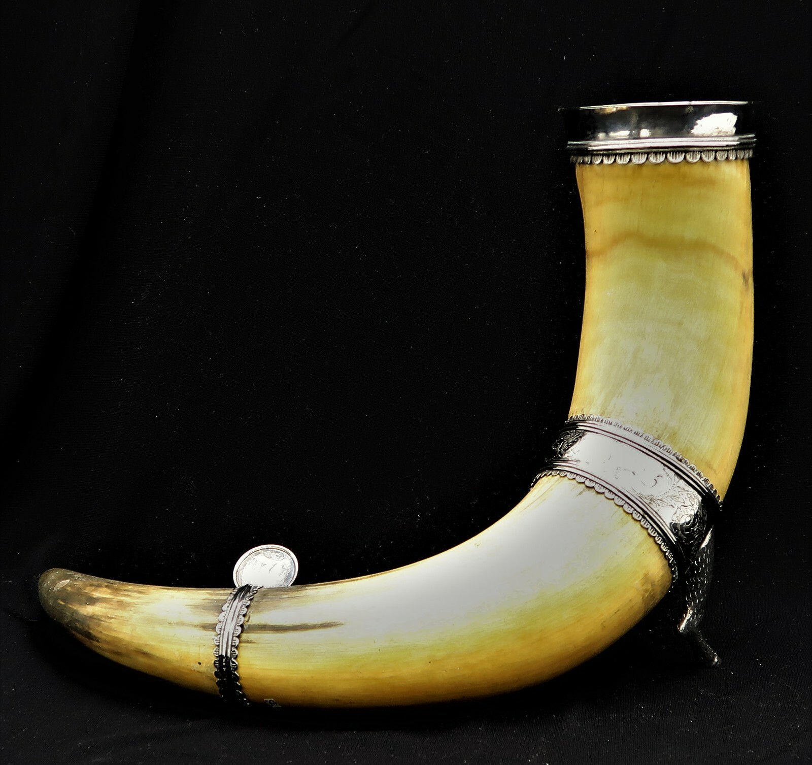 Silver Framed Drinking Horn Marked Sweden Ostlund Circa 1855 F mono Stamped Coin