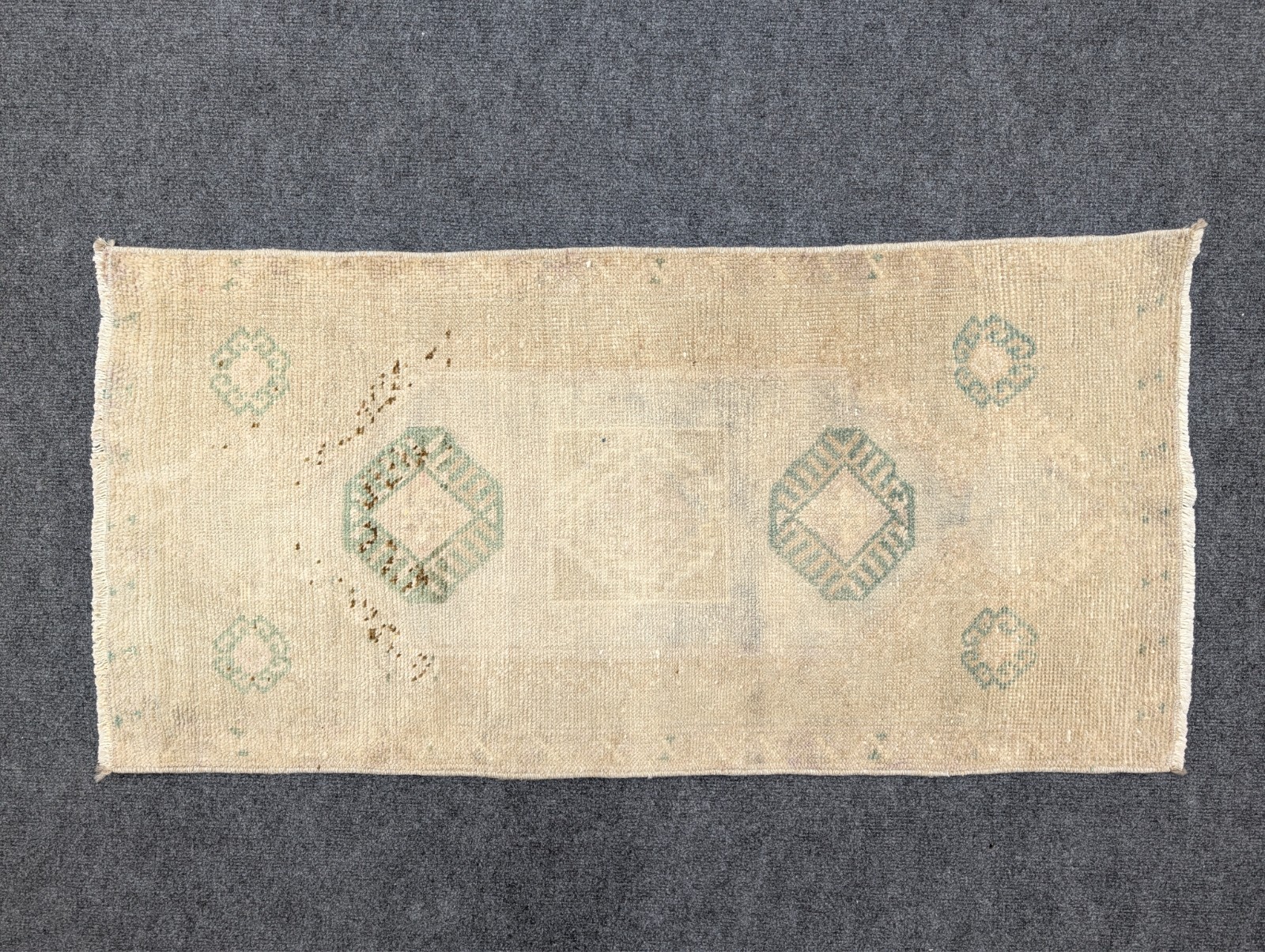2 x 4 ft Vintage Beige Green Door Mat, Turkish Oushak Wool Bathroom Area Rug