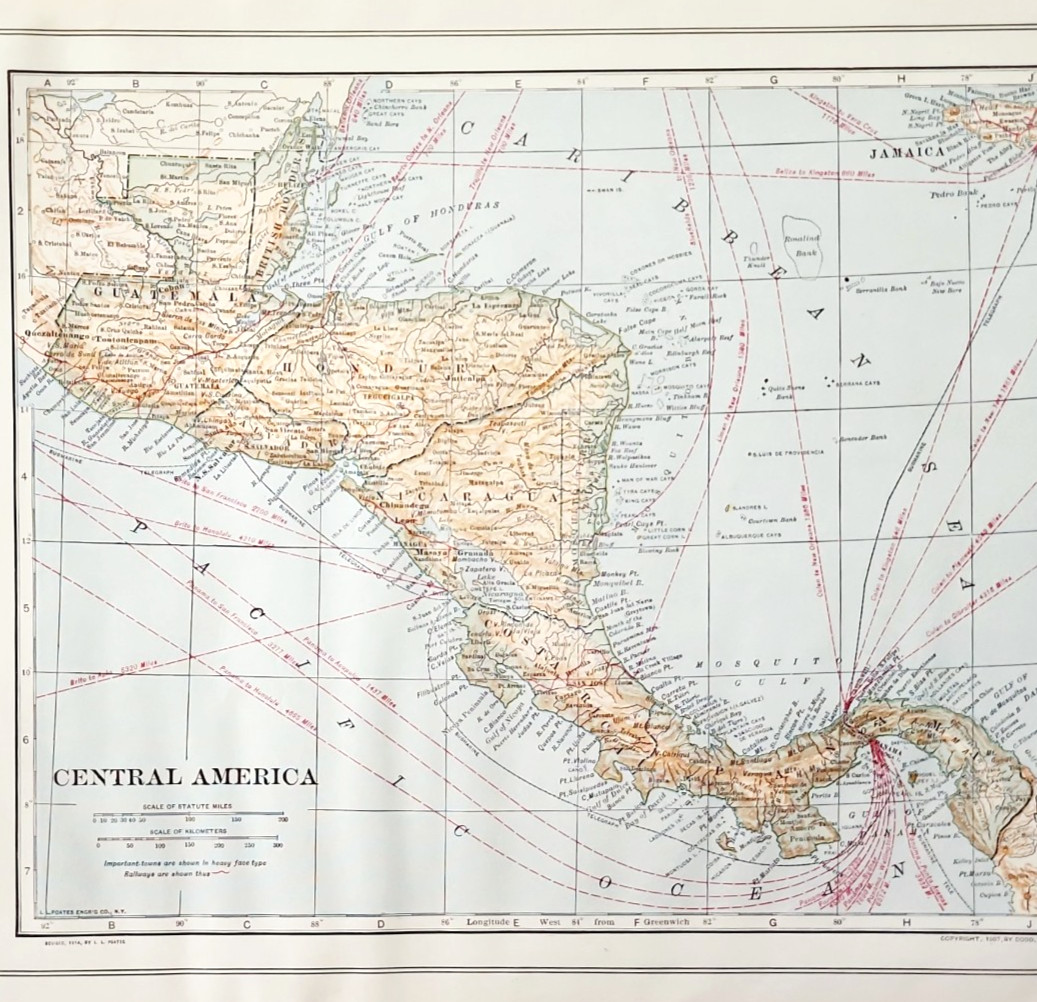 1914 Central America Map Collectible Antique Maritime Ship Routes Ephemera