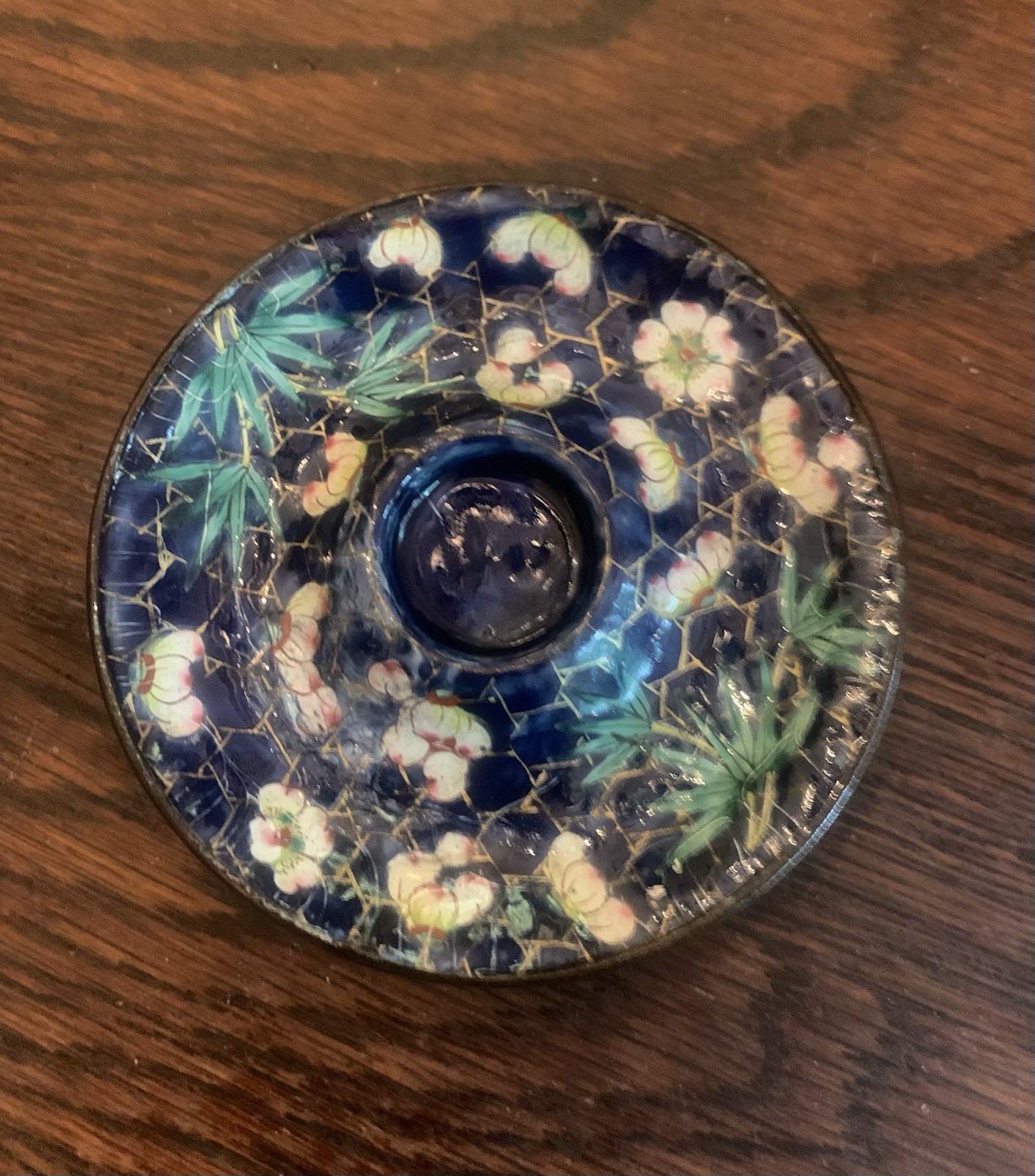 19C Chinese Canton Enamel Cloisonne Saucer “Plum Blossom Cracked Ice”Antique