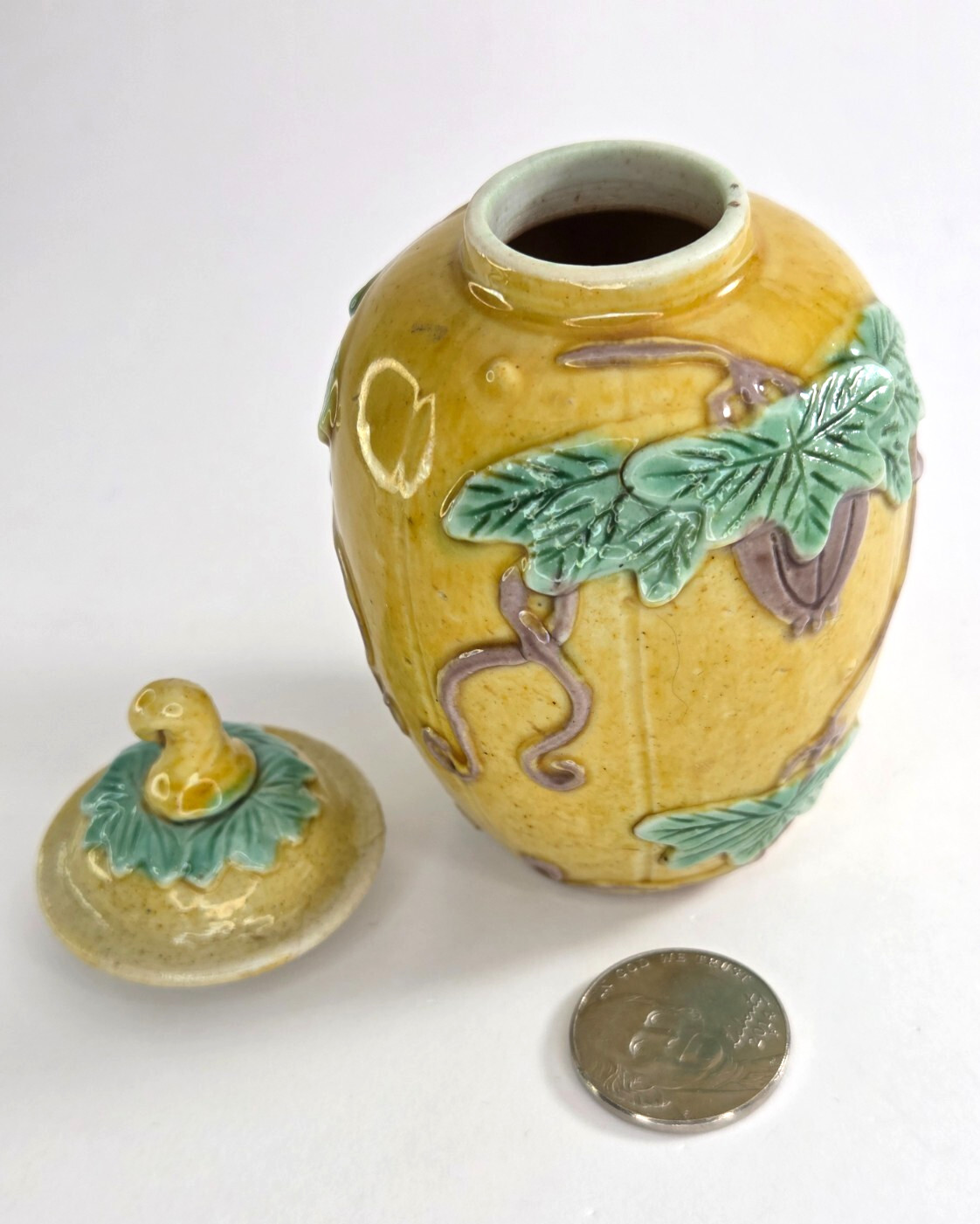 RARE Antique 19th C Raised Relief Miniature Porcelain Ginger Jar Vase 2 1/5″