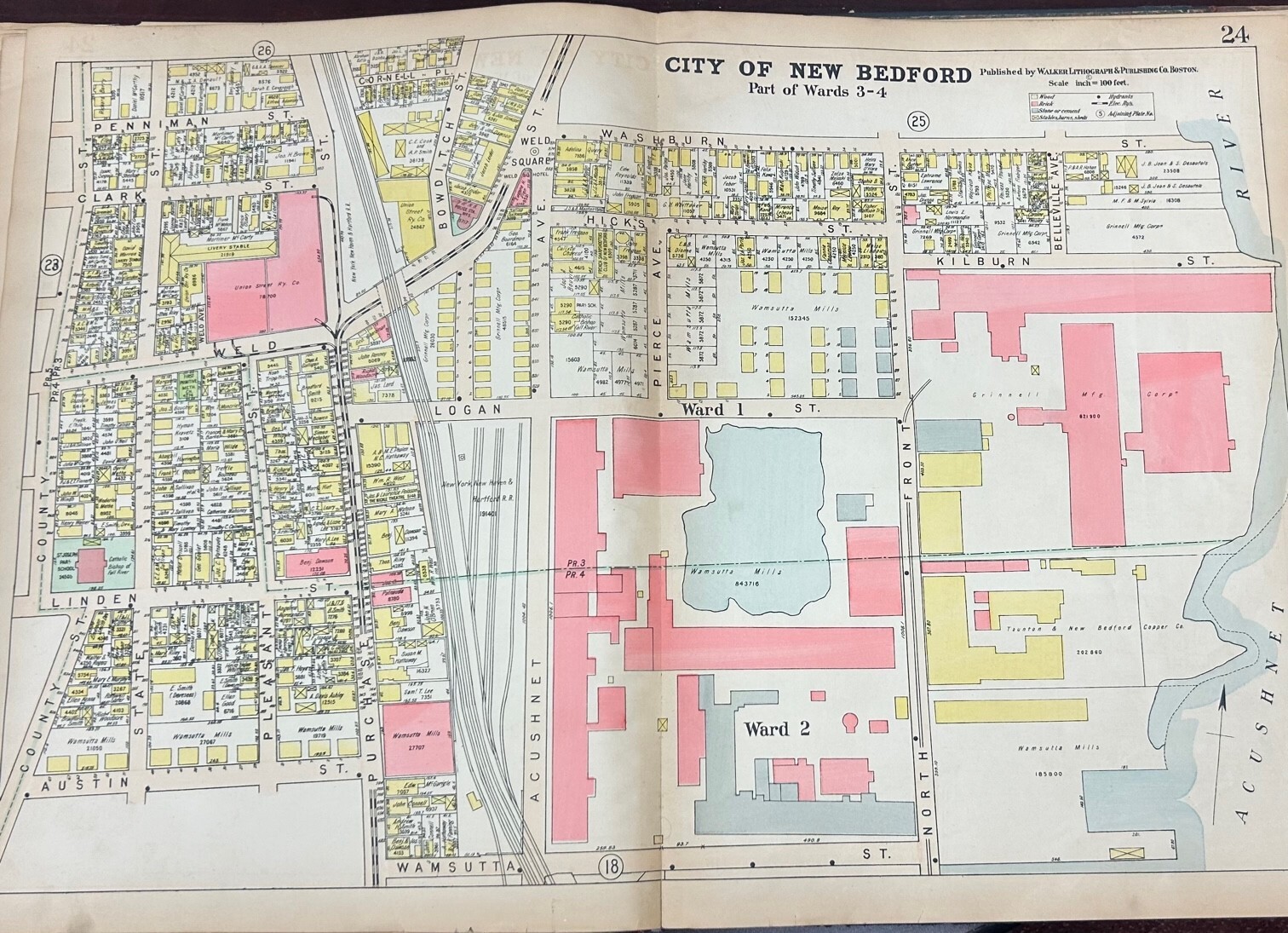 1911 NEW BEDFORD, MA.WAMSUTTA ST-WASHBURN ST & COUNTY ST-ACUSHNET RIV. ATLAS MAP