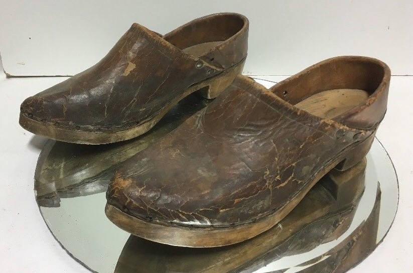 Antique Dutch Adults Leather Carved Wooden Shoes