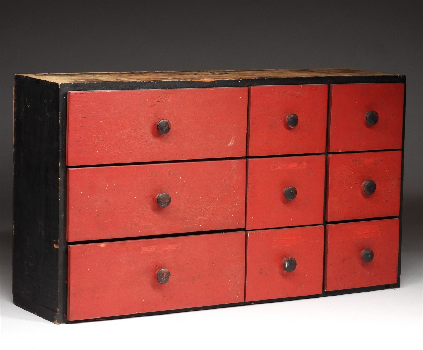 C.1940 Country Primitive Original Red & Black Paint Multi-Drawer Cubby Cabinet