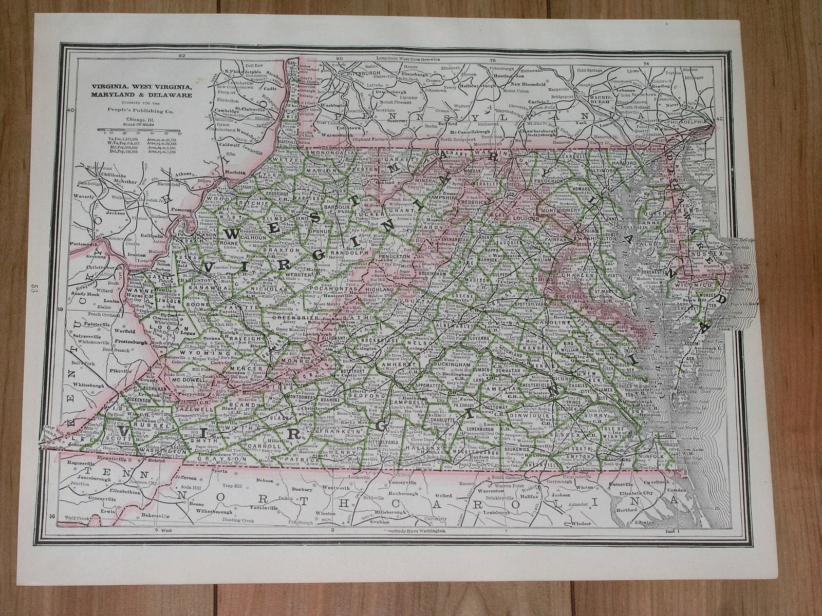 1886 ORIGINAL ANTIQUE MAP OF VIRGINIA / WEST VIRGINIA / DELAWARE