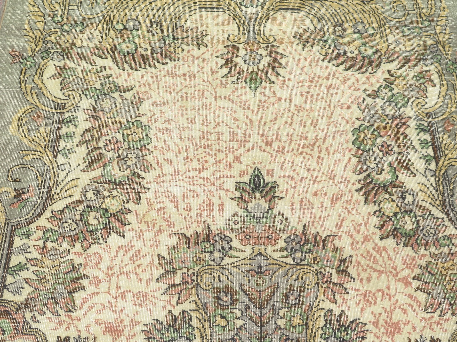 Sage Green Vintage Distressed Turkish Large Carpet, Handmade Wool Rug 70″x114″