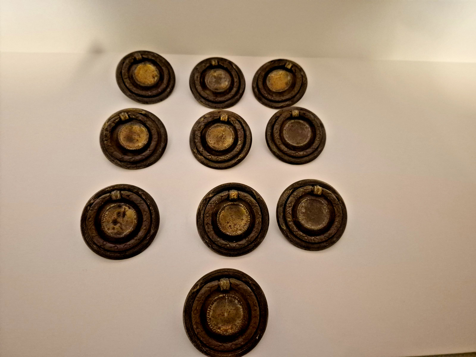 10 Antique 1900s Brass Federal Ring Pulls Hepplewhite Drawer Handles Dresser