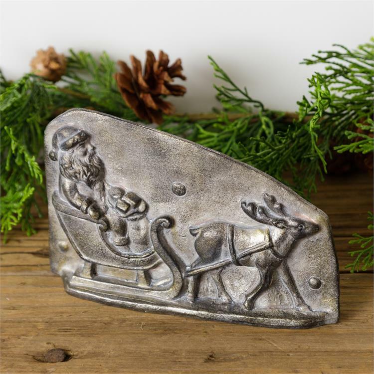 Primitive Antique Tin Metal Style Christmas Santa Sleigh Chocolate Mold Figurine