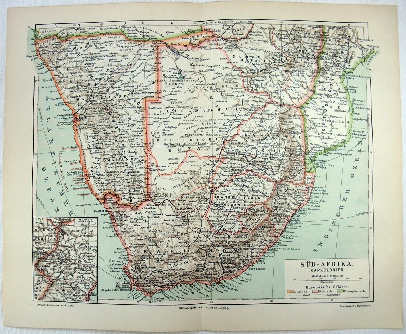 Southern Africa – Original 1908 Map by Meyers. Antique