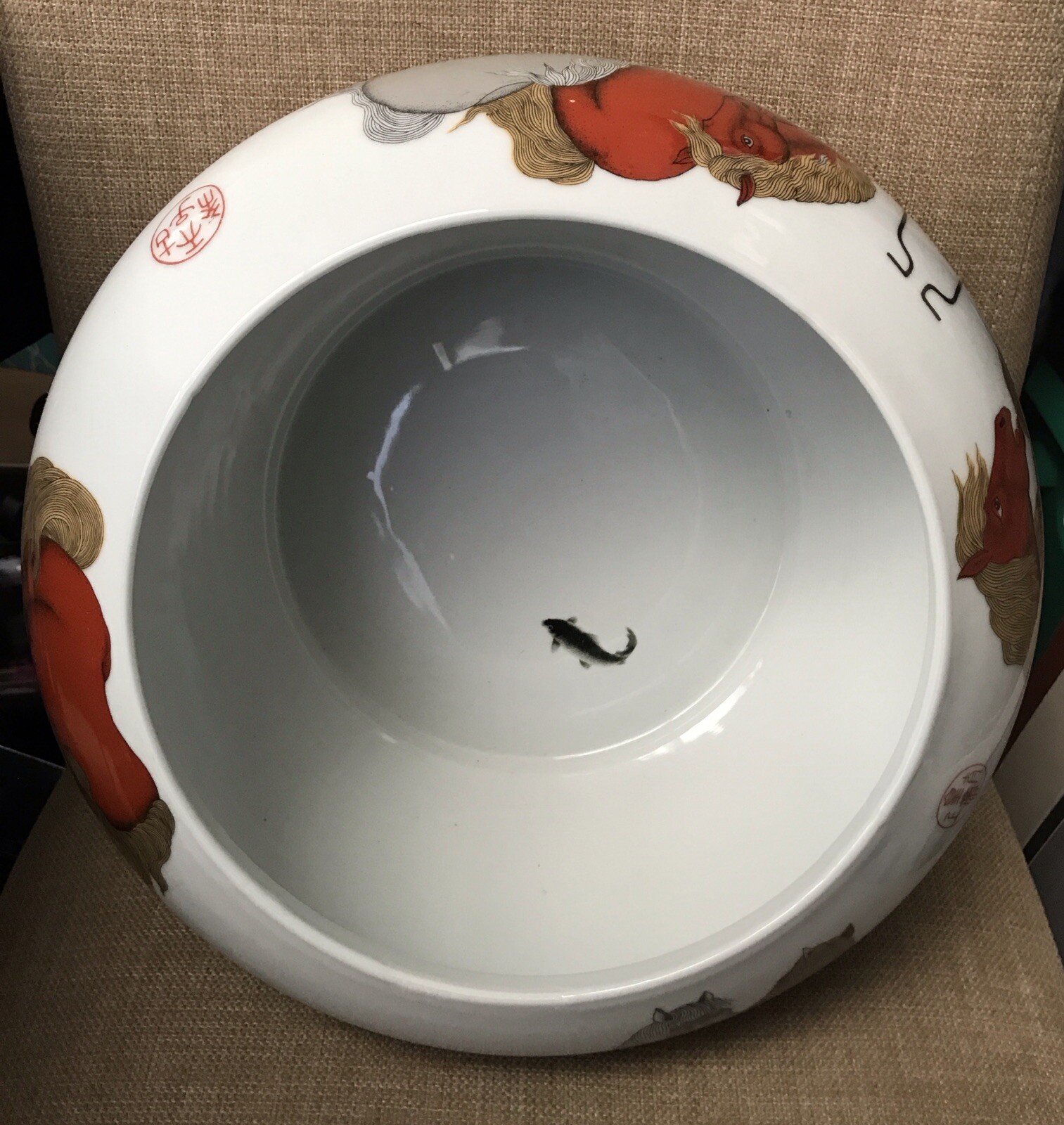 Chinese Porcelain White With Red Gray Tan Horses Bowl 7″H x13″ Across Marked
