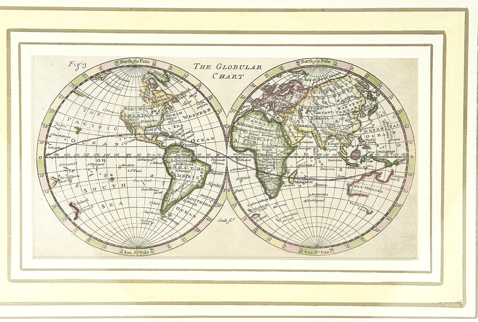 John Hinton Globular Chart Double Hemisphere Hand Colored World Map 1745