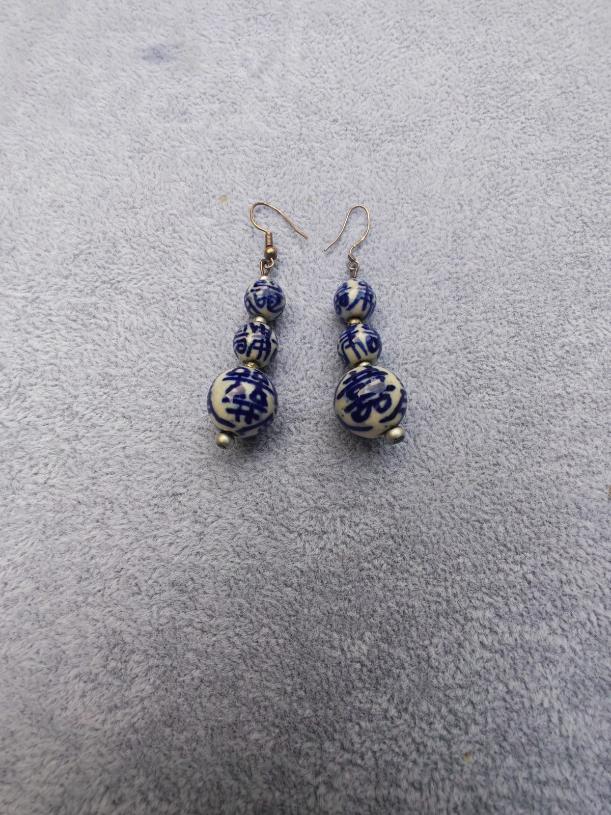 Chinese Blue and White Porcelain/Stone Earings Hand Painted