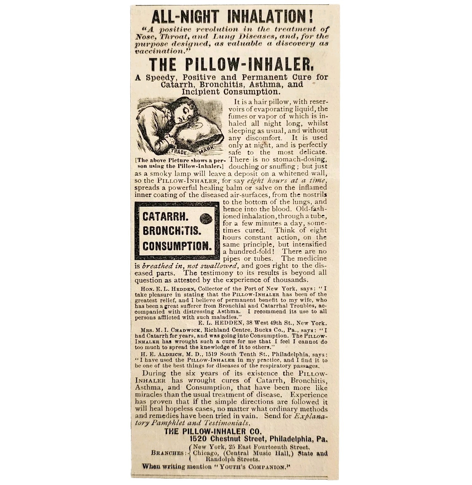 Pillow Asthma Inhaler Lungs 1885 Advertisement Victorian Quack Medicine ADBN1A19