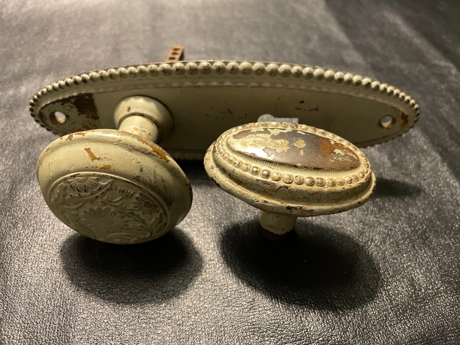 Vintage Brass Door Knobs & Escutcheon Plate Ornate Embossed USA Seller $5 Ship