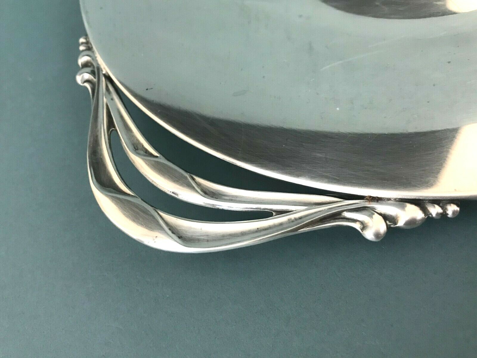Denmark MCM E. Dragsted Silver Plate Dessert Serving Plate Scroll Handles 13”