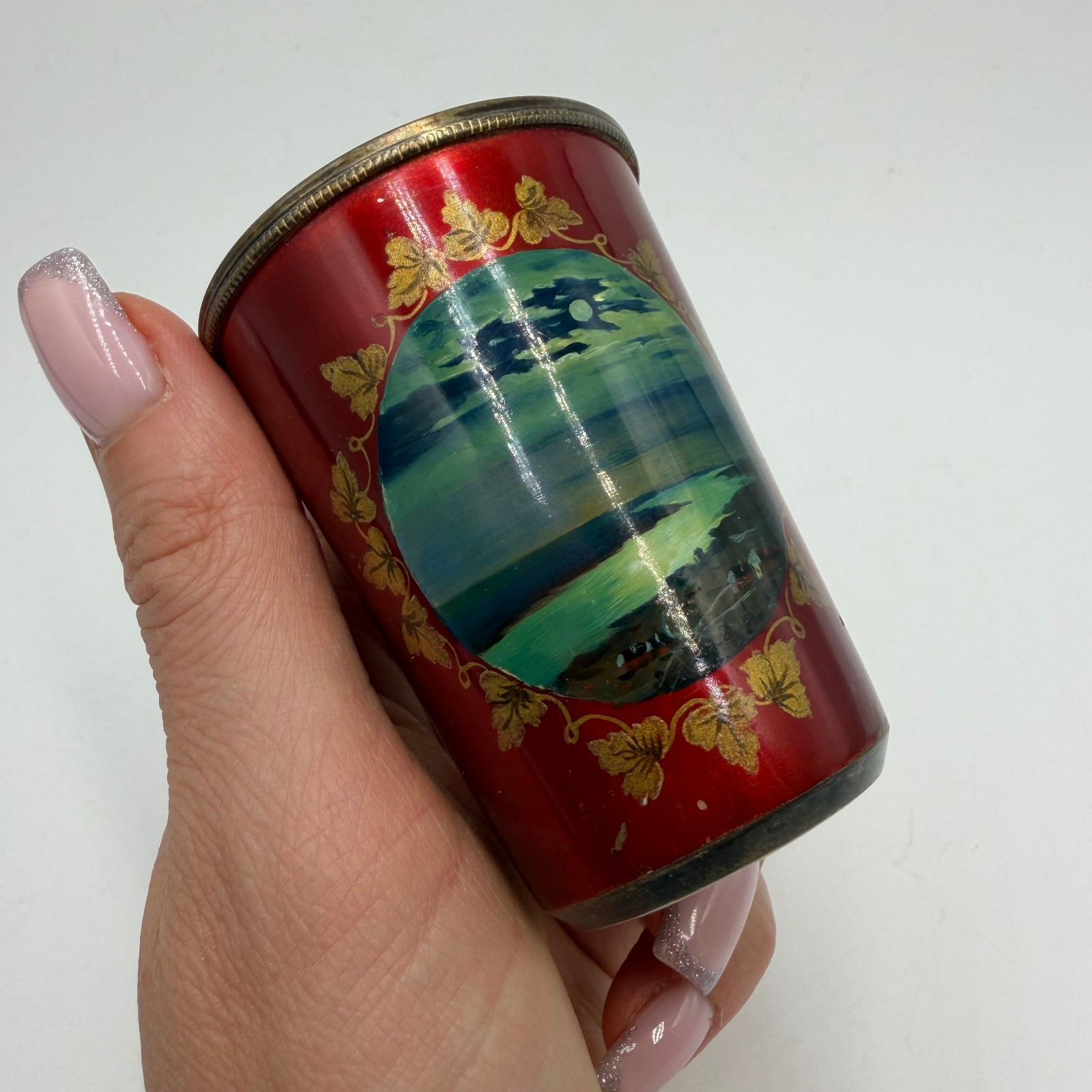 Vintage Soviet 875 Silver Enamel Shot Glass Palekh Style Tallinn Marked 1950s