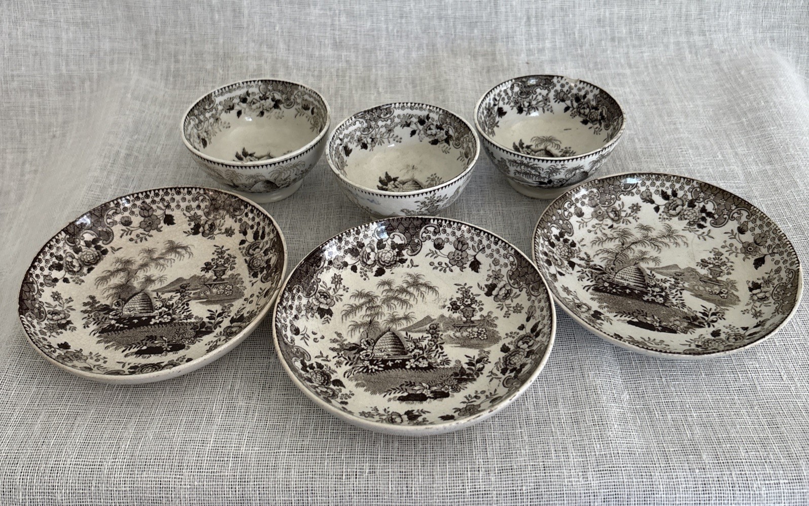 Antique 19thC Brown Transferware Child’s Tea Set Beehive Pattern 9 pc. England