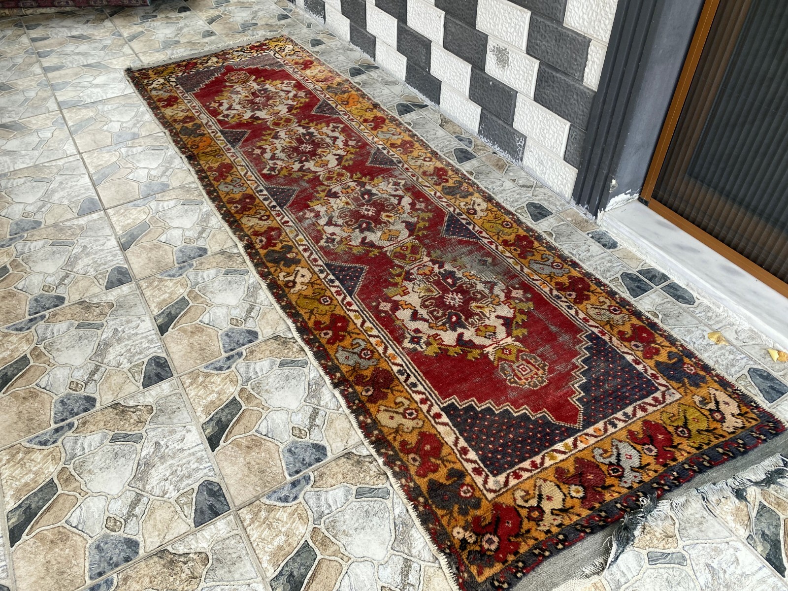 Vintage Turkish Wool Rug – Handmade Antique Red Oushak Kurdish Runner Rug 3×9 ft